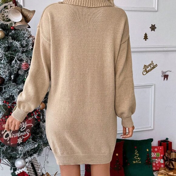 Multicolor Casual Women's Christmas Reindeer Print Lantern Sleeve Sweater Dress - Picture 2 of 7